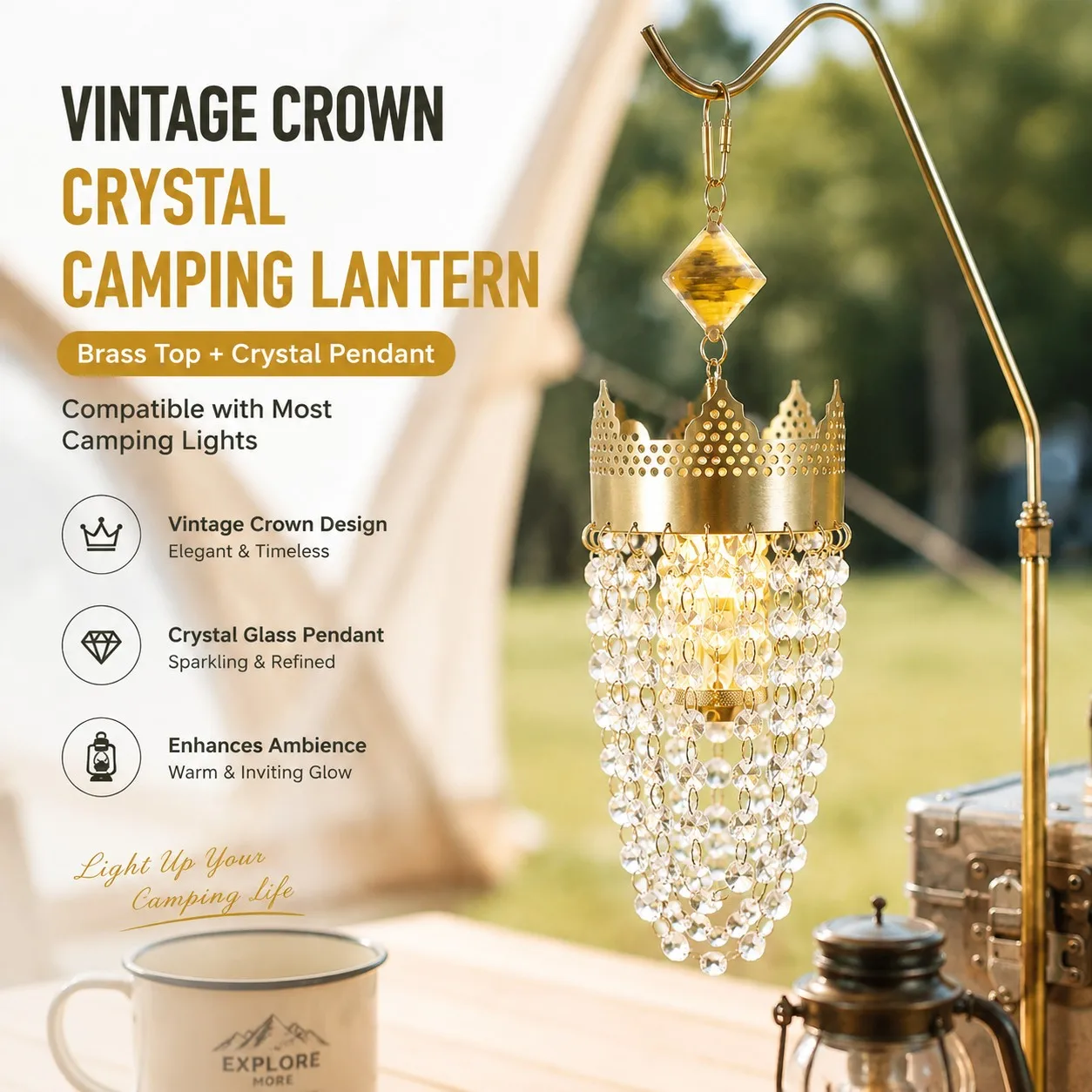 Outdoor Lighting Brass - โคมไฟตั้งแคมป์คริสตัลทรงมงกุฎวินเทจ, มงกุฎทองเหลือง+ปริซึมแก้ว, เหมาะสำหรับไฟแคมป์ปิ้งส่วนใหญ่, เพิ่มบรรยากาศกลางแจ้ง